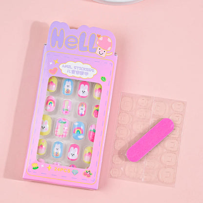 24Pcs Children Cartoon Nail Tips Colorful Cute Rabbit Pink Stars 6-14 Years old Girl Fake Nail With Jelly Glue Kids False Nail TC0004-2