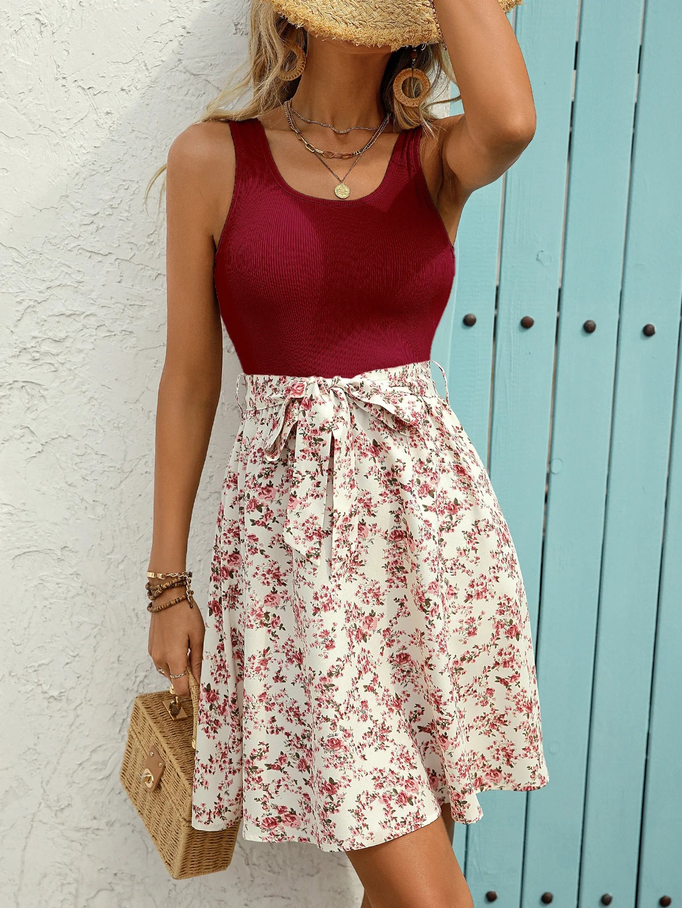 New Summer Woman Elegant Lace-up Sleeveless A-Line Dress,beach Dress For Ladies,Woman Clothing,Floral Dresses