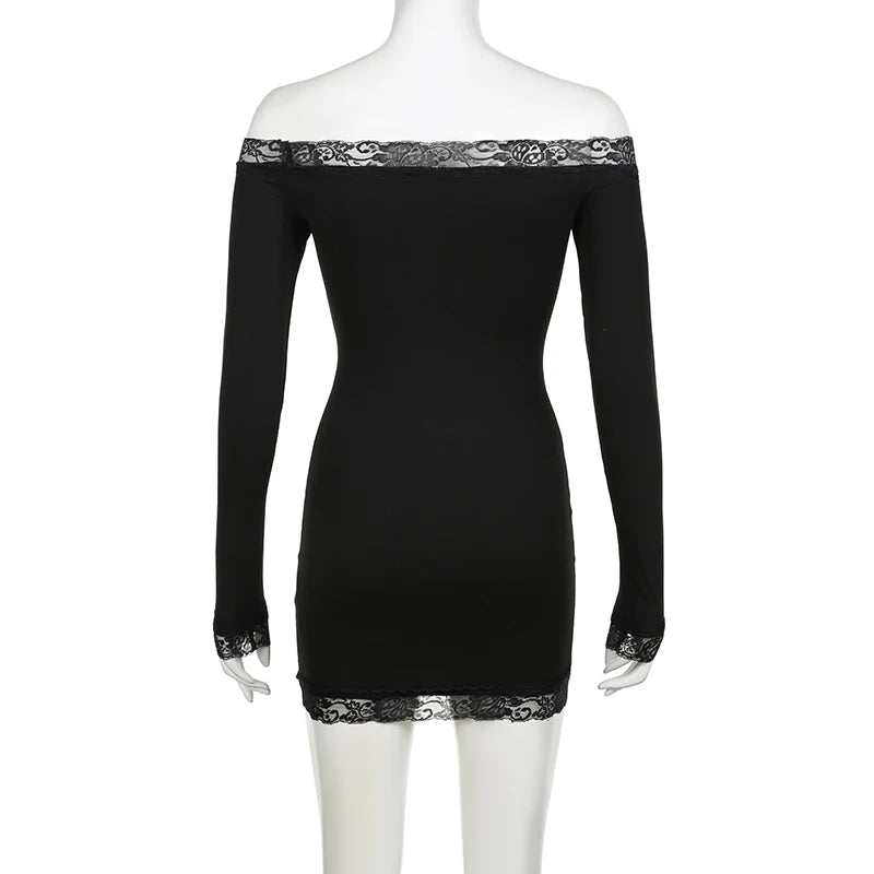 Rockmore Women's Lace Off Shoulder Bodycon Dress Elegant Long Sleeve Mini Dress for Party Club Dating Ladies Spring Fall Clothes