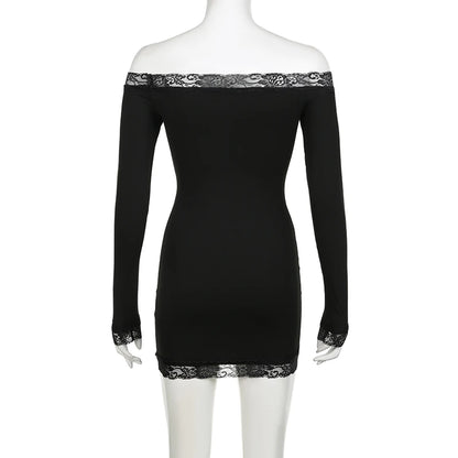 Rockmore Women's Lace Off Shoulder Bodycon Dress Elegant Long Sleeve Mini Dress for Party Club Dating Ladies Spring Fall Clothes