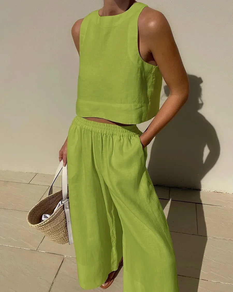 Women's Solid Color Casual Sleeveless Shirt And Pants Two Piece Summer Loose Simple Wide Leg Pants Vest Female 2025