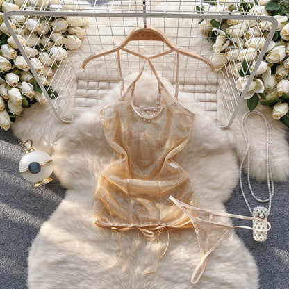 Japanese Sexy Print Kimono Slim Fit V-Neck Nightgown Loose Petal Sleeves Women's Erotic Lingerie Mini Irregular Patchwork Dress QD224-Beige-O