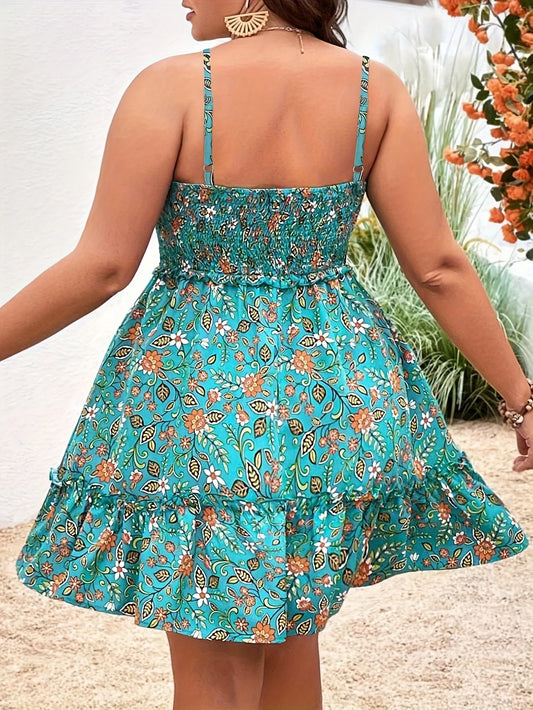 Plus Size Summer Women Elegant Floral Print Dress Vacation Vintage Casual Sleeveless Ruffle Sling Dresses
