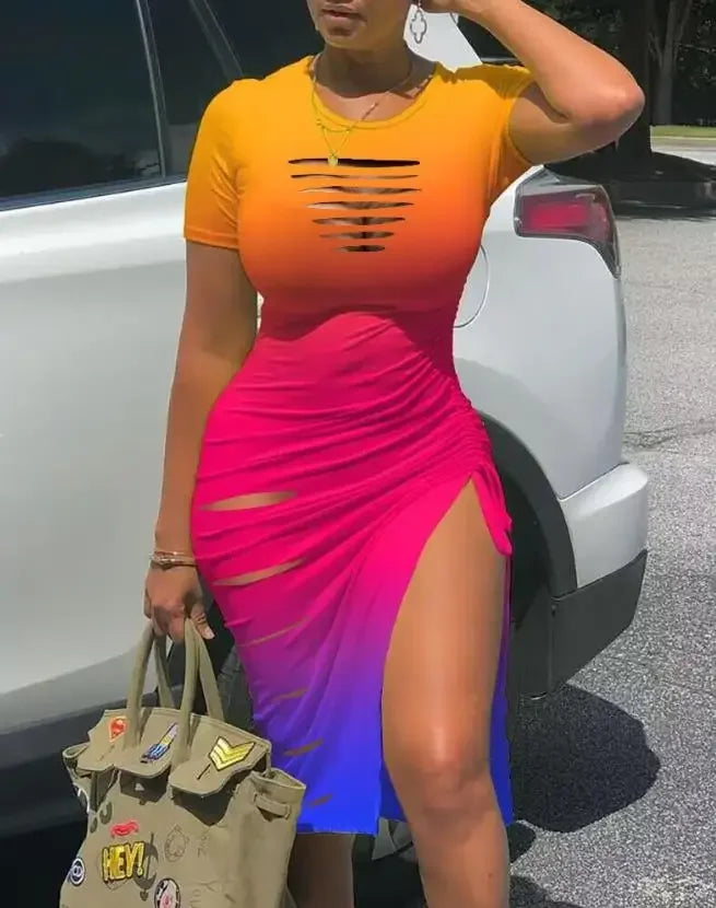 Women's Dresses 2023 Summer Fashion Contrast Leopard Print Drawstring Ruched Casual O-Neck Short Sleeve High Slit Skinny Dress Gradient