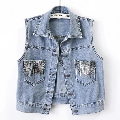 2024 Fashion Design Sequins Denim Vest Summer Autumn Women's Waistcoat Korean Leeveless Denim Jeans Jacket Female Vest Tops Blue