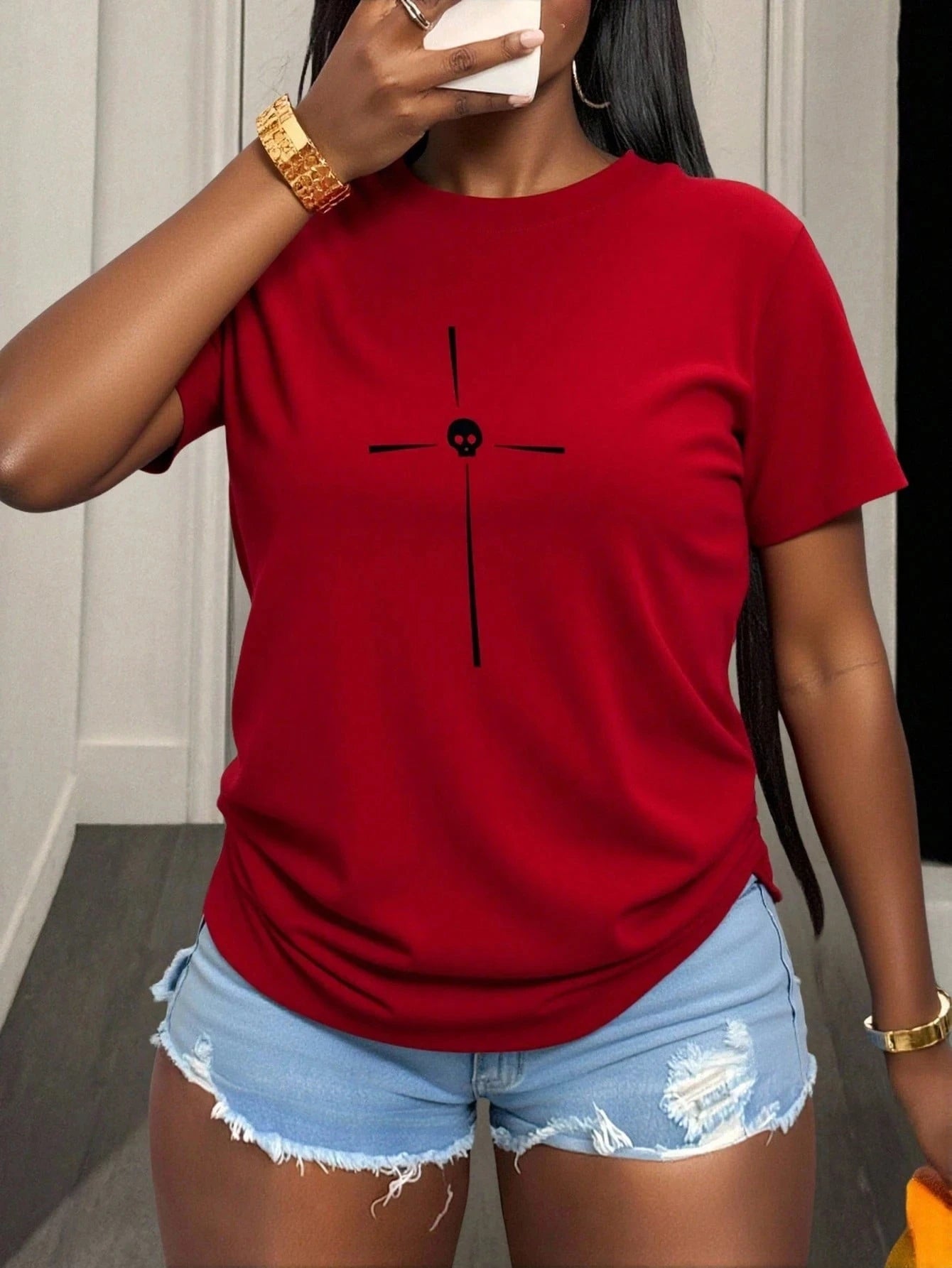 Plus Size Spiritually Themed T shirt Showcasing Simple Cross and Heart Motif for Faith based Fashion red
