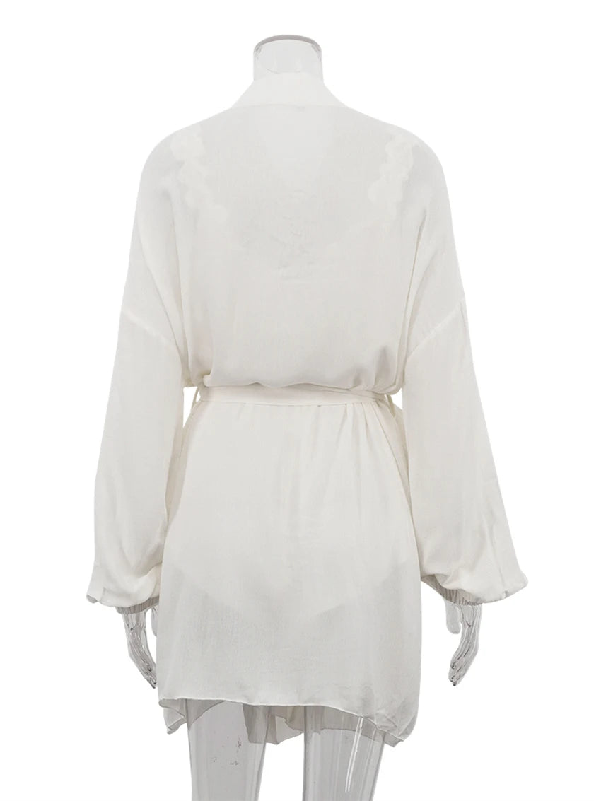 Marthaqiqi Casual Women Nightgowns Set V-Neck Sleepwear Long Sleeve Robe Underwear Shorts White Loose Ladies Pajama 3 Piece Suit