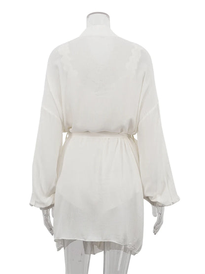 Marthaqiqi Casual Women Nightgowns Set V-Neck Sleepwear Long Sleeve Robe Underwear Shorts White Loose Ladies Pajama 3 Piece Suit