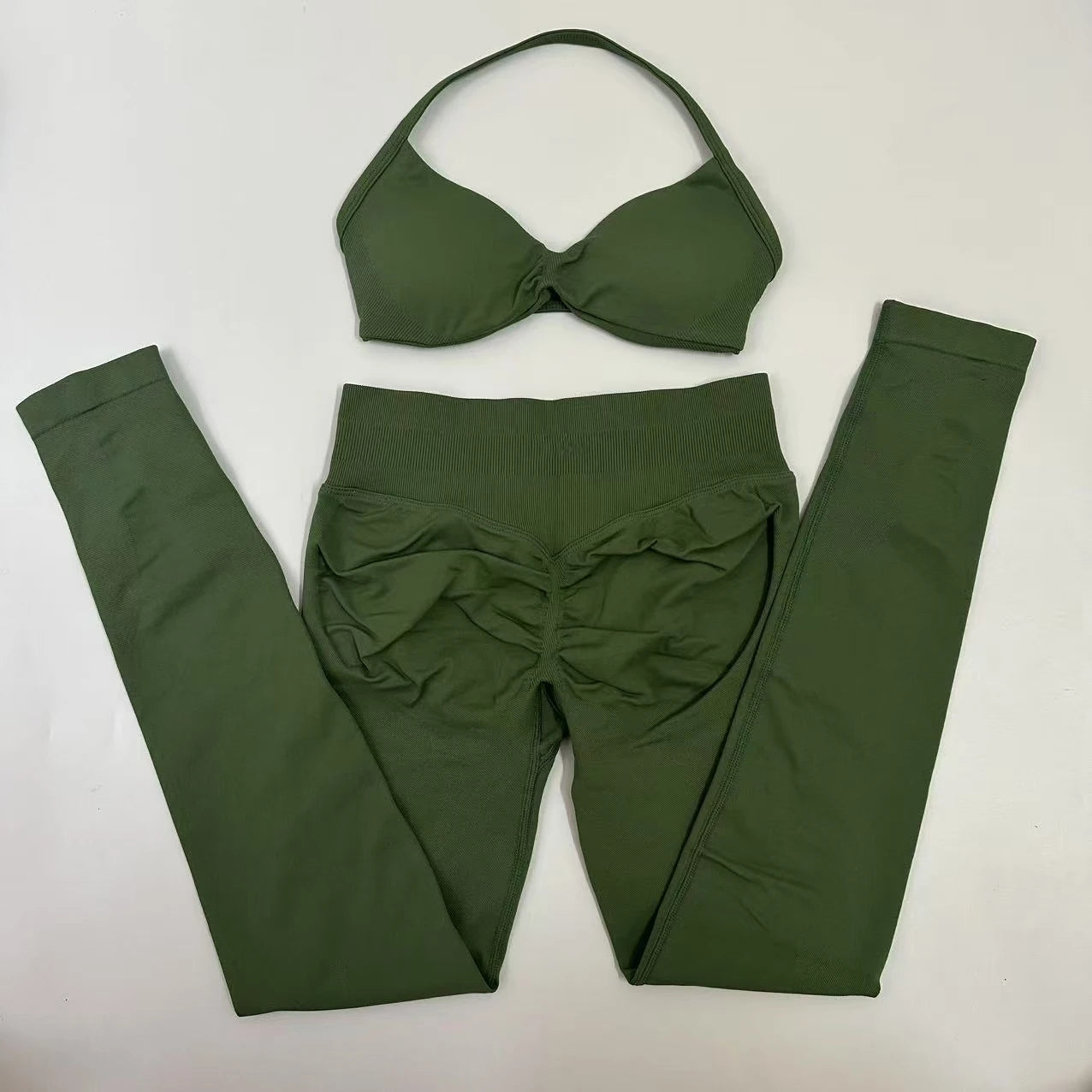 No Logo Seamless Yoga Set Women Workout Scrunch Leggings Set Strappy Halter Sports Bra Fitness Gym Clothing Workout Set 2 Pieces Badiee Stylez