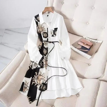 Print Vintage A-Line With Belt Loose Polo Neck Women's Dress Single-Breasted Knee Length Dresses For Women Clothing 2024 Fashion WHITE