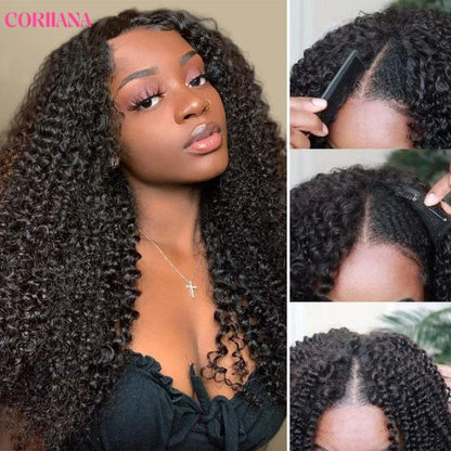 250% Kinky Curly V Part Wig Human Hair No Leave Out Upgrade Deep Wave Curly V Shape Wig No Glue Clip In Half Wig For Women