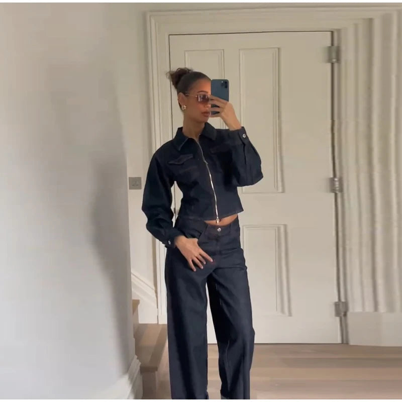 Lapel Zipper Denim Jackets Pants Sets Women Casual Pockets Short Jackets Suit With High Waist Jeans Lady Chic High Street Outfit