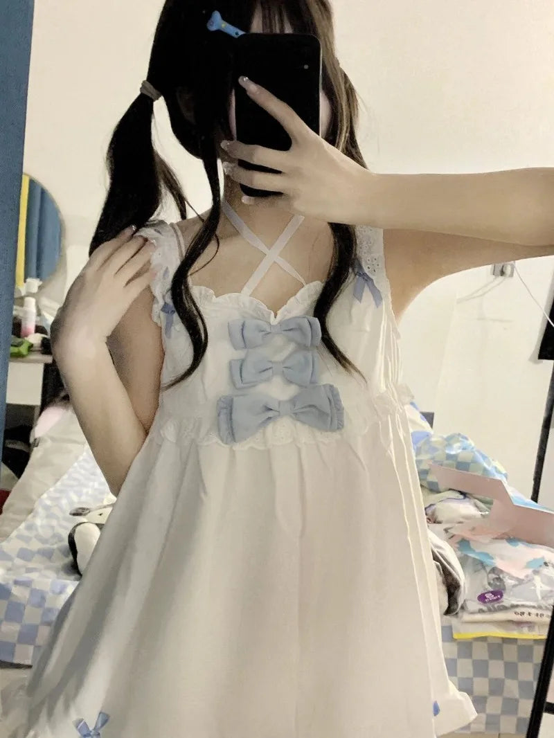 Japanese Soft Girl Strappy Bow Sling Top Shorts Two Piece Set Cotton Pajamas Women's Lolita Sleepwear 2025 New Summer