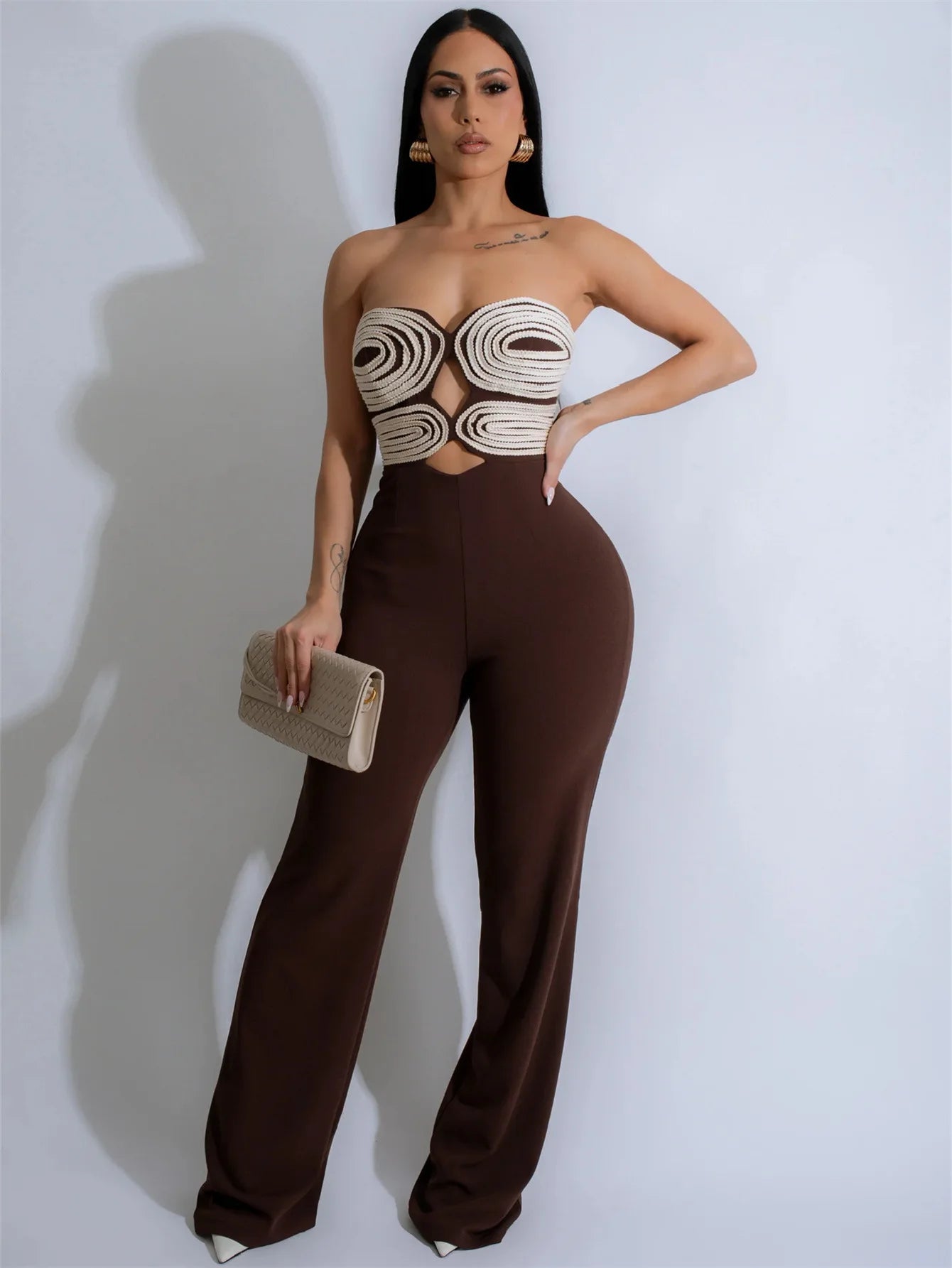 Leosoxs Women Strapless Hollow Out Wide Leg Straight Sleeveless Jumpsuits 2025 Spring Sexy One Piece Set Streetwear Outfits Brown