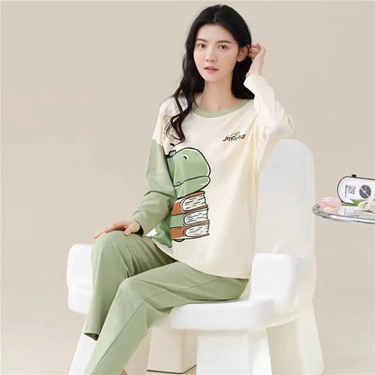 Women's Long Sleeve Long Pants Comfortable Pajamas Loungewear Women's Spring and Autumn New Plus Size Korean Loungewear Set K05Green