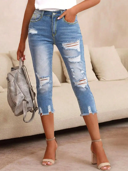 Women Fashion Casual Ripped Capri Jeans Slim-Fit Stretchy Jeans Classic Raw Hem Denim Calf-Length Pants