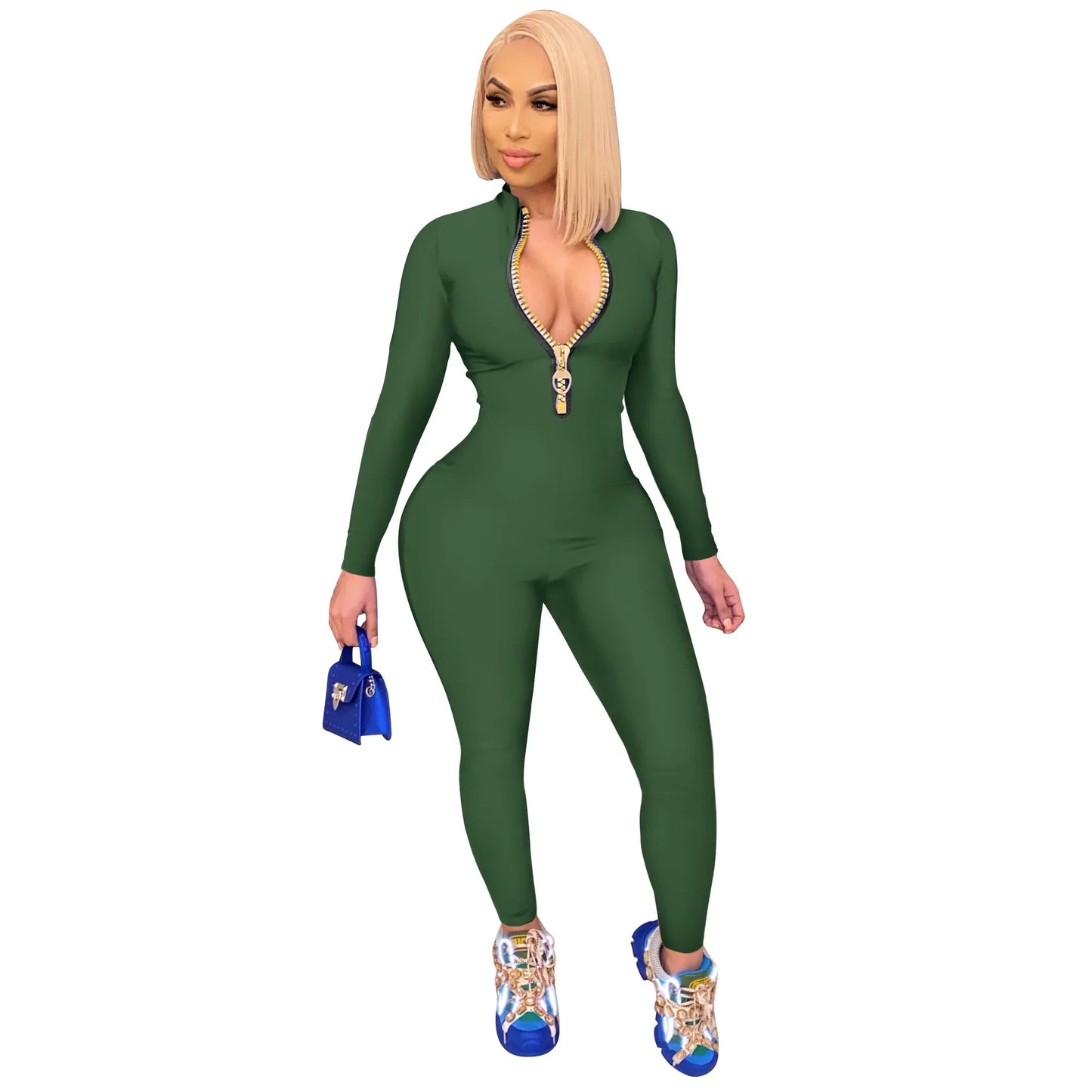 Women's Bodycon One-piece Jumpsuit Long Sleeved Big Zipper Female Casual Sport Workout Skinny Activity Wear Overalls Tops Badiee Stylez