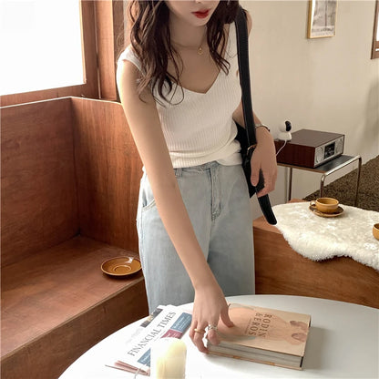 Solid Color Basic Women's Vest Tank Top Solid Color Knitted Tees Top Cropped Top Camisole Sweater V-neck Summer Sleeveless