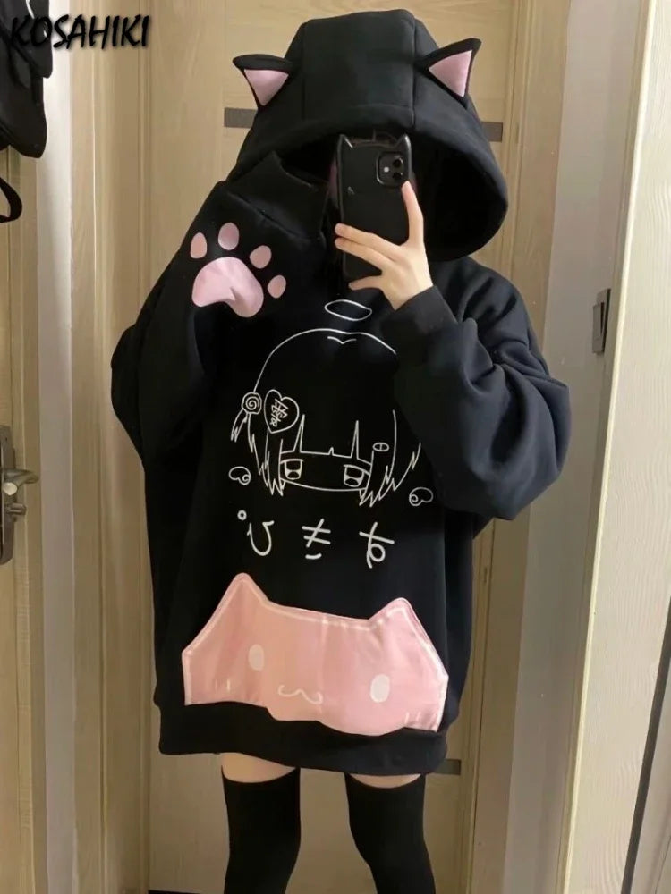 Japanese Cartoon Print Fleece Hoodies Women Harajuku Gothic Cat Ears Hooded Vintage Hoody Streetwear Y2k Aesthetic Sweatshirt