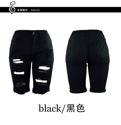 Summer New Fashion Women's American Washed Blue Solid Color High Waist Hole Patched Denim Shorts Skinny Jeans Shorts Female