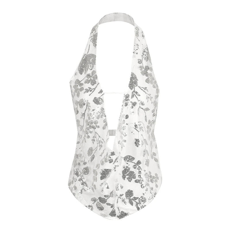 Summer New Women's Tank Streetwear Fashion Vest Sequins Halter Sexy V-Neck Backless Female Casual Slim Versatile Tank Clothing White
