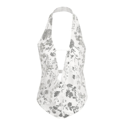 Summer New Women's Tank Streetwear Fashion Vest Sequins Halter Sexy V-Neck Backless Female Casual Slim Versatile Tank Clothing White