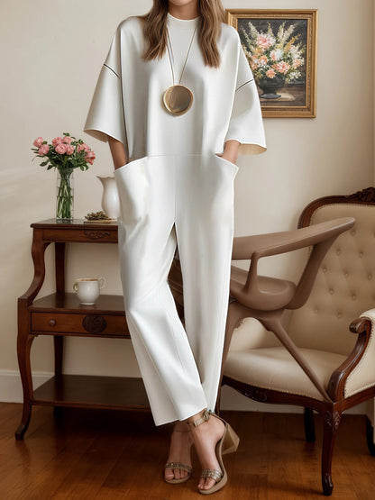 Women’s Loose Jumpsuit Pockets Solid Elegant Straight Long Pants Summer Round Neck 3/4 Sleeves Casual Female Office Lady Rompers Badiee Stylez