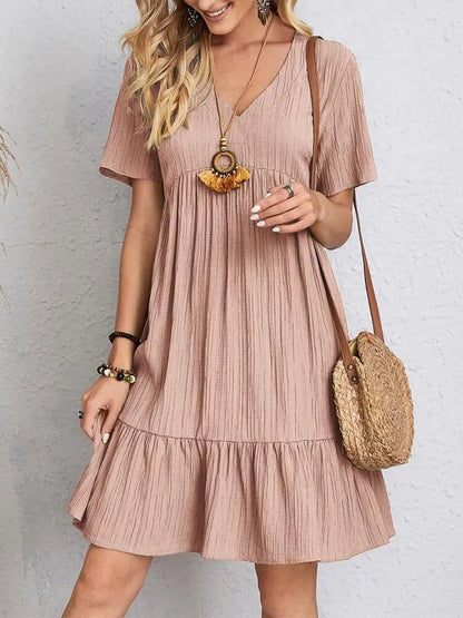 Women Elegant Short Sleeve V Neck Ruffles Dress Summer Casual Solid Loose Mini Dress Chic Bohemian Sundress Beach Party Vestidos Badiee Stylez