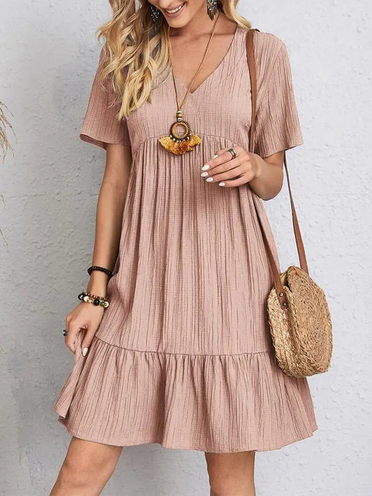 Women Elegant Short Sleeve V Neck Ruffles Dress Summer Casual Solid Loose Mini Dress Chic Bohemian Sundress Beach Party Vestidos Badiee Stylez