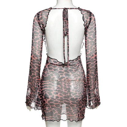 Women Summer Dress Leopard Print Backless See-Through Dress Party Night Clubwear Sexy Flared Sleeves Lace Up Bodycon Mini Dress
