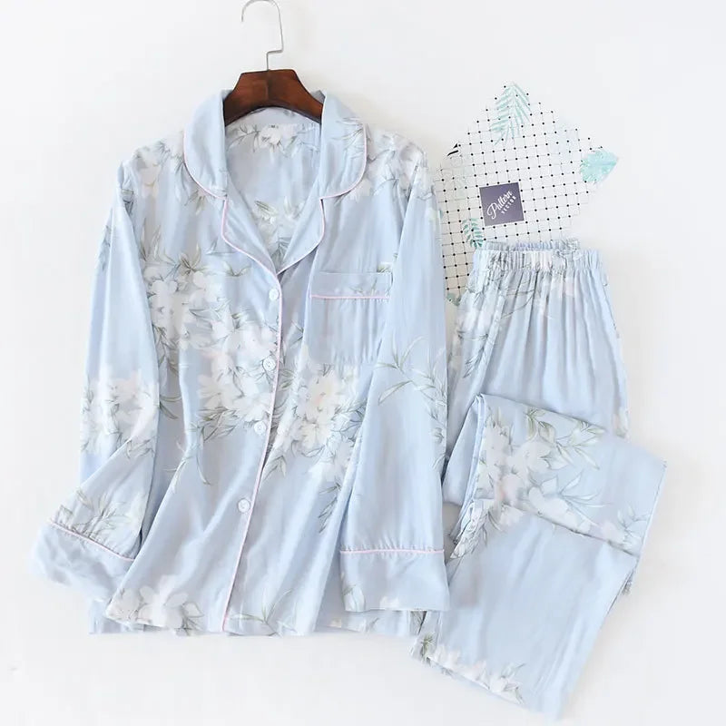 Japanese style new spring and summer women's pajamas Viscose fiber silk long-sleeved trousers suit flower printing home service blue flower