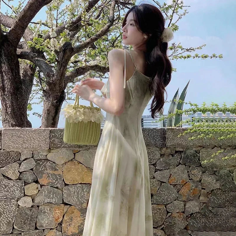 Women's Tie-Dye Floral Sleeveless Halter Dress Summer Waist Slim Long Dress Ruffle Leaf Hem Halter Tenderness Dresses