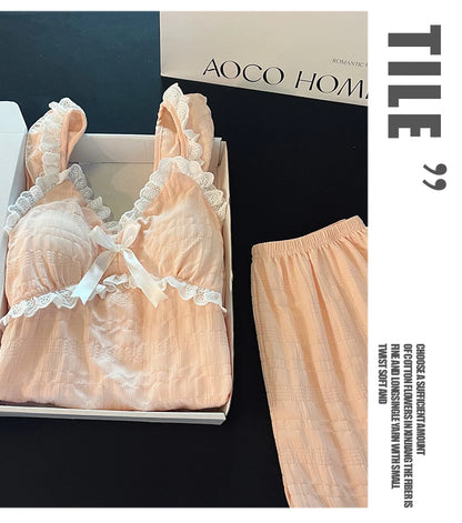 Summer Sexy Strap Spwear Women's ort Pants Loose Fit Home Clothes Set with Chest Pad 2024 New Tread Cotton Thin Woven