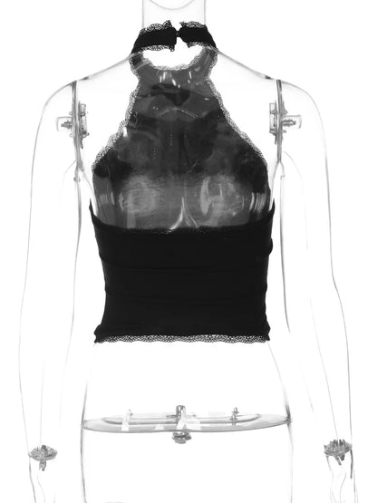 Dulzura Halter Sleeveless Crop Top Vest 2024 Summer Women Lace Patchwork Sexy Rhinestones Y2K Vintage Elegant Club