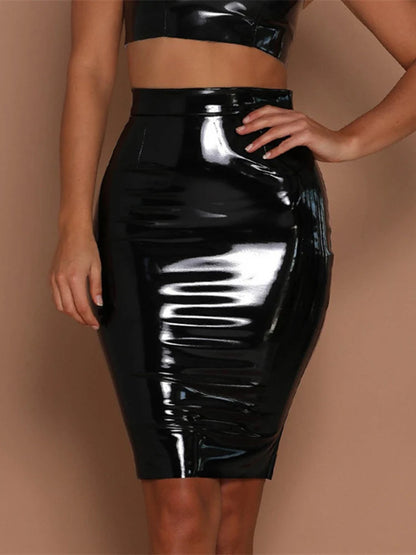 CHSDCSI Black Sexy women's Leather Skirts Streetwear Club Solid clothes Shiny High Waist pencil Skirt Lady Red Lady Skinny Skirt D160 Black