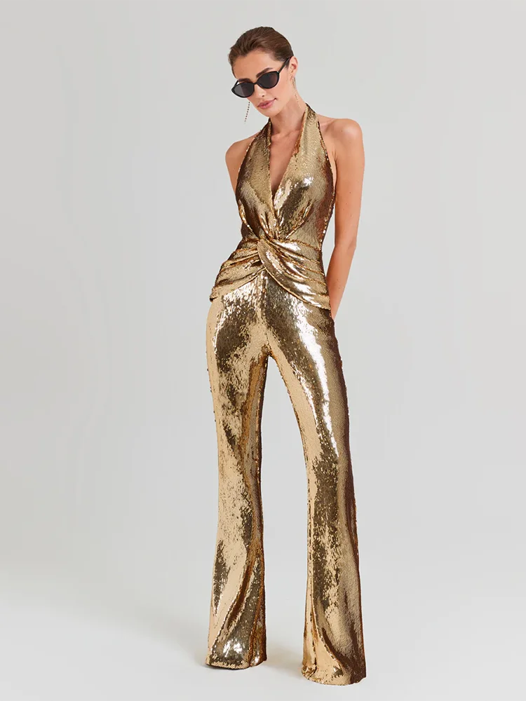 Women's Sleeveless Gold Sequin Jumpsuit Sexy V Neck Sparkle Sequined High Waist Wide Leg Pants Jumpsuit Celebrity Evening Party Badiee Stylez