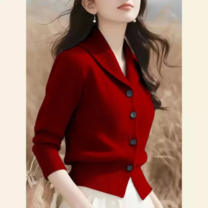 2025 New Spring Autumn Turndown Collar High End Women Knitt Cardigan Sweater Fashion Korean Version Female Knitwear Tops red CHINA