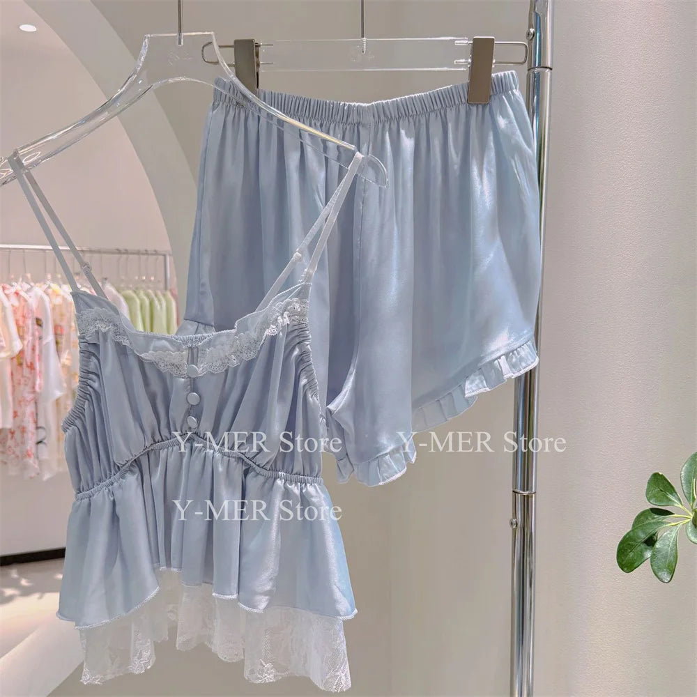 Blue Pajamas Set Elegant Home Clothes Ice Silk Sleepwear Women Loose Trousers Suit Four Seasons Loungewear Sexy Lace Nightgown Blue B