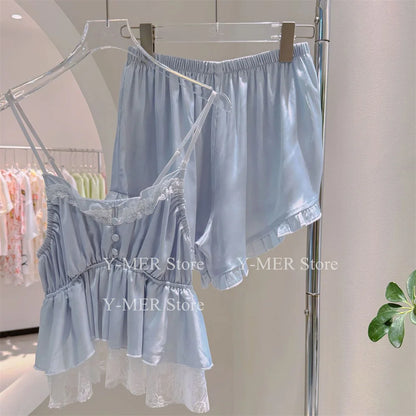 Blue Pajamas Set Elegant Home Clothes Ice Silk Sleepwear Women Loose Trousers Suit Four Seasons Loungewear Sexy Lace Nightgown Blue B