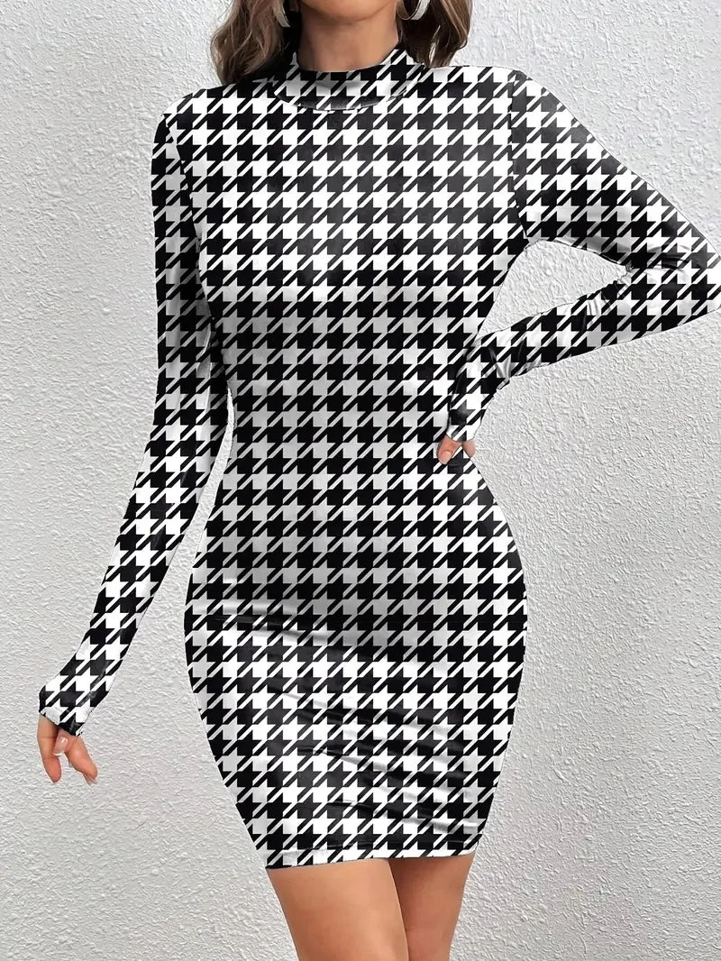 Women Fashion Stretch Knit Mini Dress Vintage High Neck Sleeveless Female Houndstooth Pattern Bodycon Dress Long Sleeve Dress Badiee Stylez