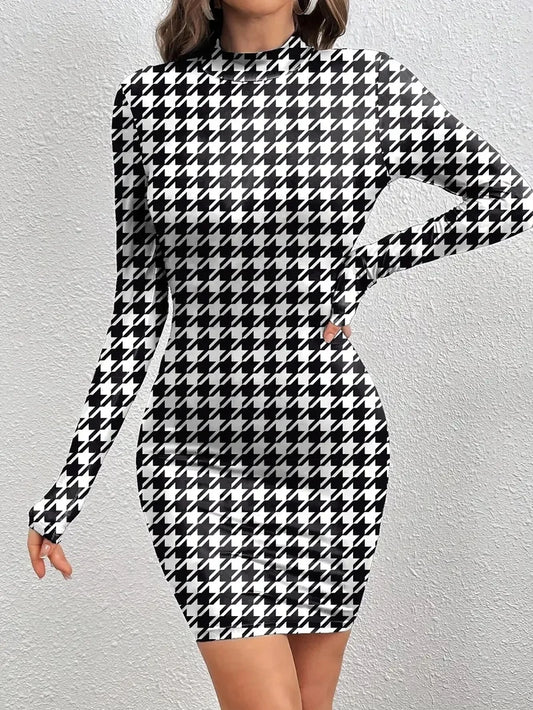 Women Fashion Stretch Knit Mini Dress Vintage High Neck Sleeveless Female Houndstooth Pattern Bodycon Dress Long Sleeve Dress Badiee Stylez
