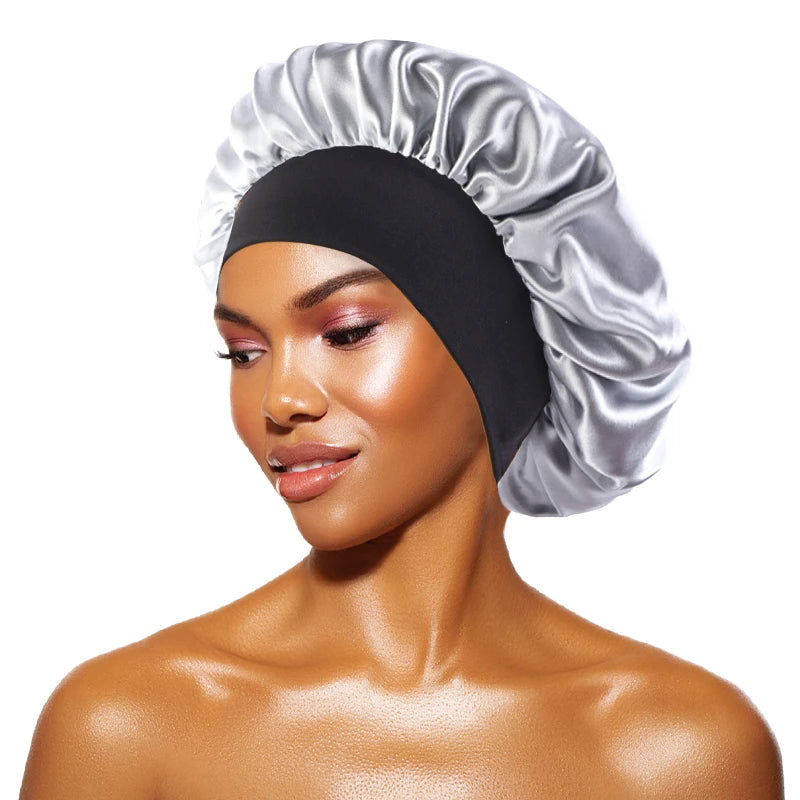 Women's Satin Solid Bonnets Wide-brimmed Night Sleeping Bathing Hat Unisex Head Wrap Elastic Band Cap Hair Care Bonnet Silver One Size