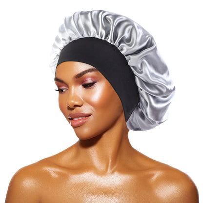 Women's Satin Solid Bonnets Wide-brimmed Night Sleeping Bathing Hat Unisex Head Wrap Elastic Band Cap Hair Care Bonnet Silver One Size