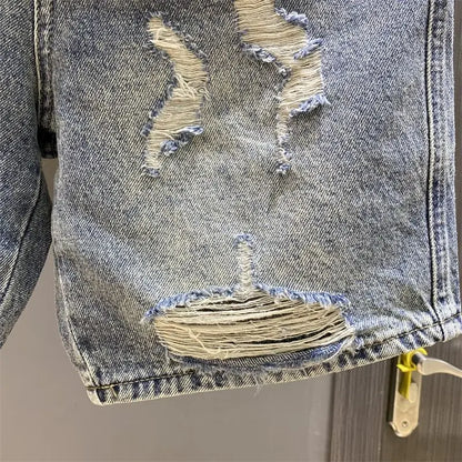 2024 Summer Latest Design Women's Knee-Length Casual Cotton Short Jeans Shorts Washed Blue Ripped Hole New Kpop Luxury Jeans