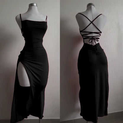 2025 new hot Sale explosive new dress summer high sensibility halter strap Spice Girl bag hip dress black