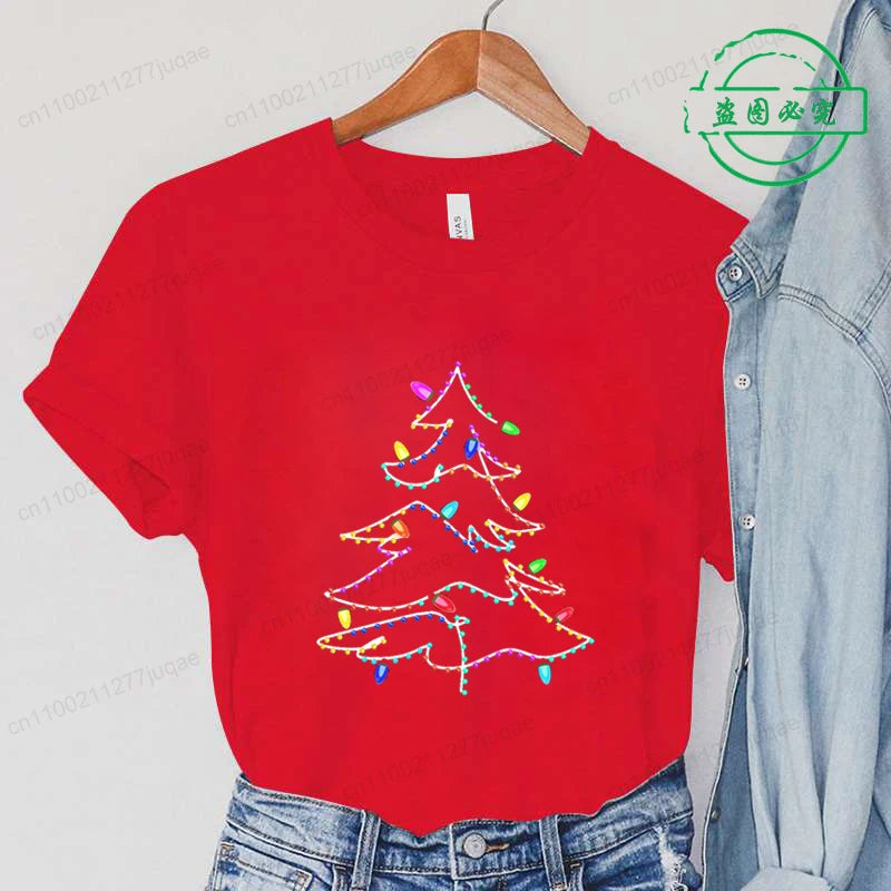 Women's Casual T-Shirts Christmas Lights Xmas Tree Print T-Shirt Christmas Party Design Tops Short Sleeve Ladies T Shirts Tops