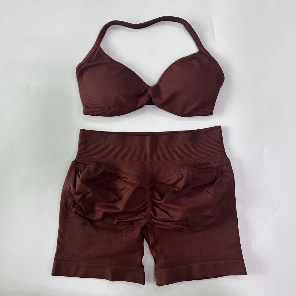 NO LOGO 2PCS Gym Set Women Strappy Yoga Bra Top High Waist Workout Scrunch Shorts Sports Suit Seamless Yoga Set Fitness Clothes Badiee Stylez