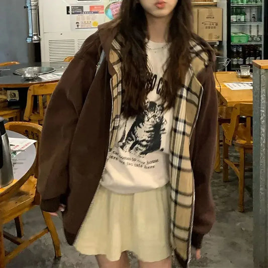 Brown Zip Up Hoodie Women 2023 Autumn Lattice stitching Long Sleeve Casual Oversized Sweatshirt Solid Jacket Women Clothing brown