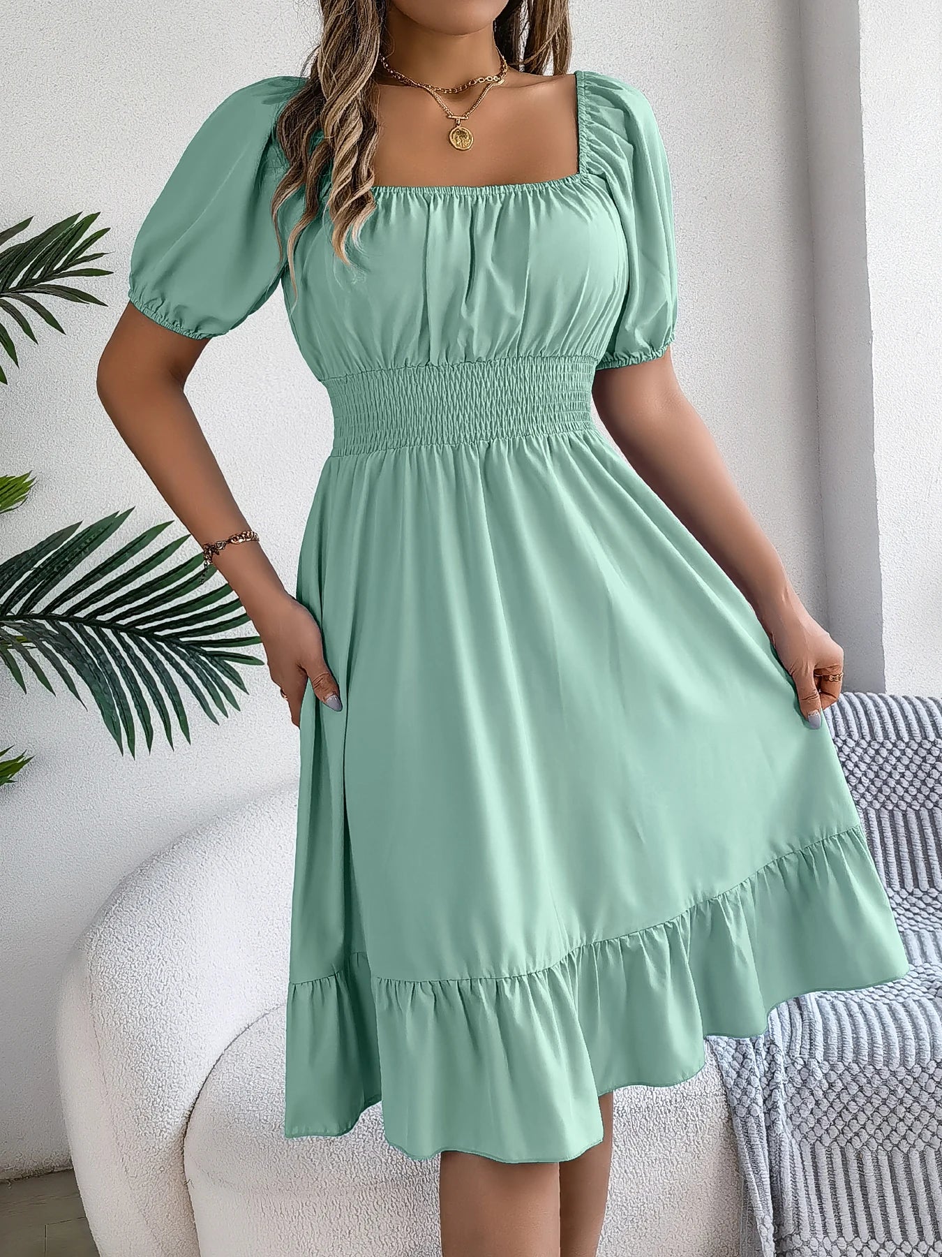Spring and Summer Elegant High Waisted Dress Square Neck Short Sleeved Ruffled Edge Long Dresses for Women Badiee Stylez