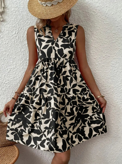 Women Boho Print Mini Dress Summer Elegant Sleeveless V Neck Ruffle A Line Tank Dress Casual Loose Oversize Beach Party Sundress black